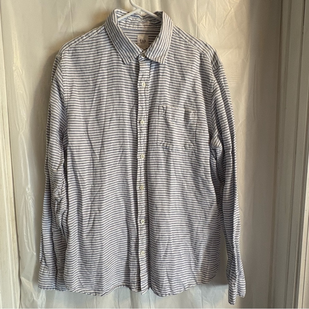Gap Shirt Mens Large Blue White Striped Linen Cotton Blend Button Up Nautical